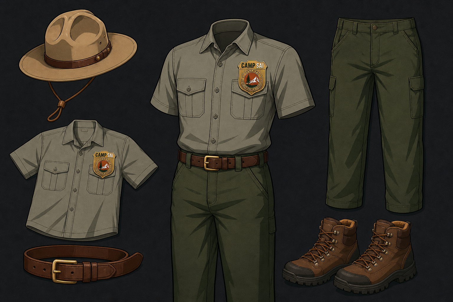 Camp SAI ranger wardrobe reference - full uniform layout