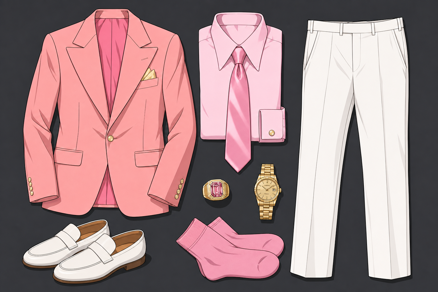 Ace casino suit wardrobe — salmon-pink pastel monochromatic