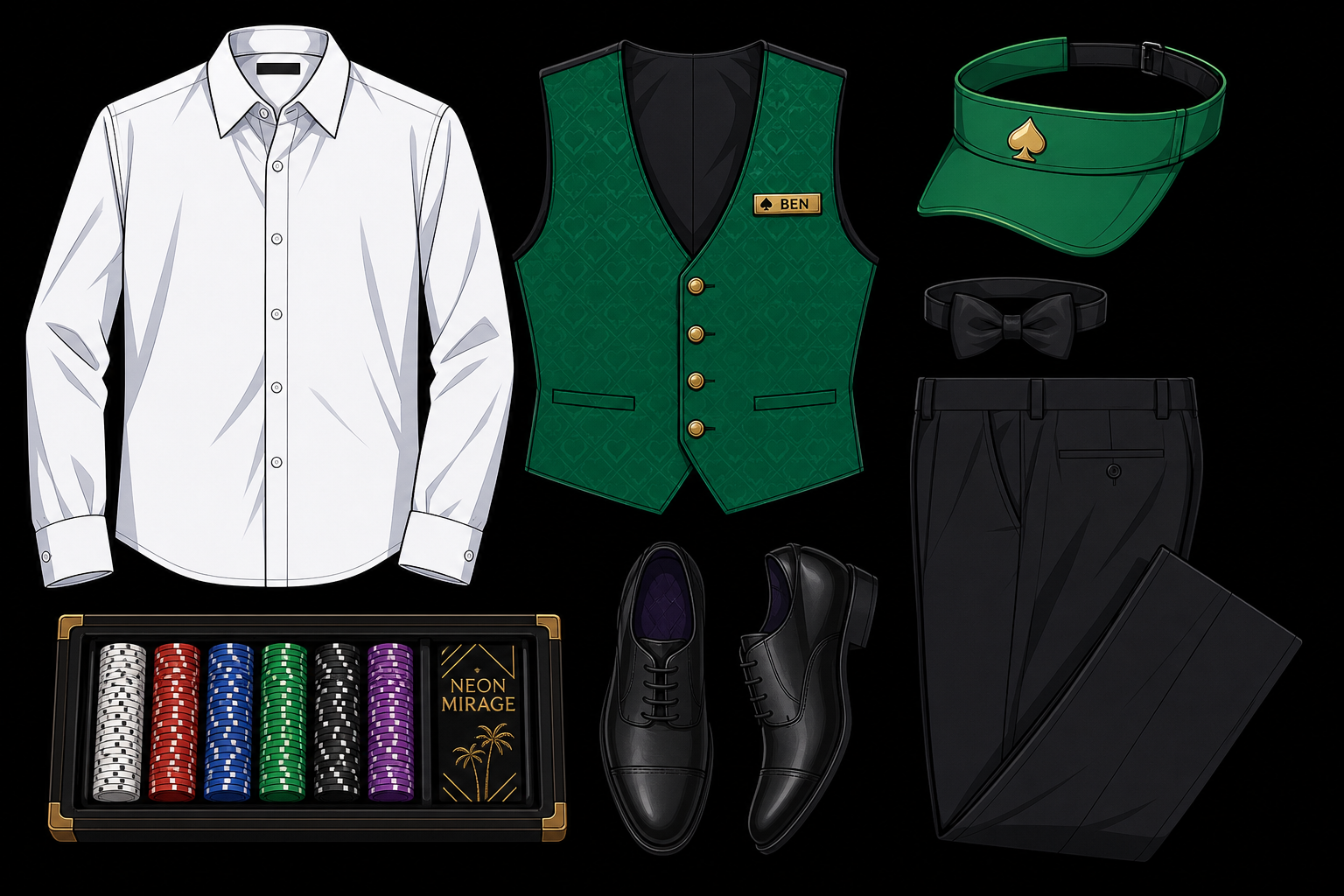Ben poker vest wardrobe reference — green felt dealer vest