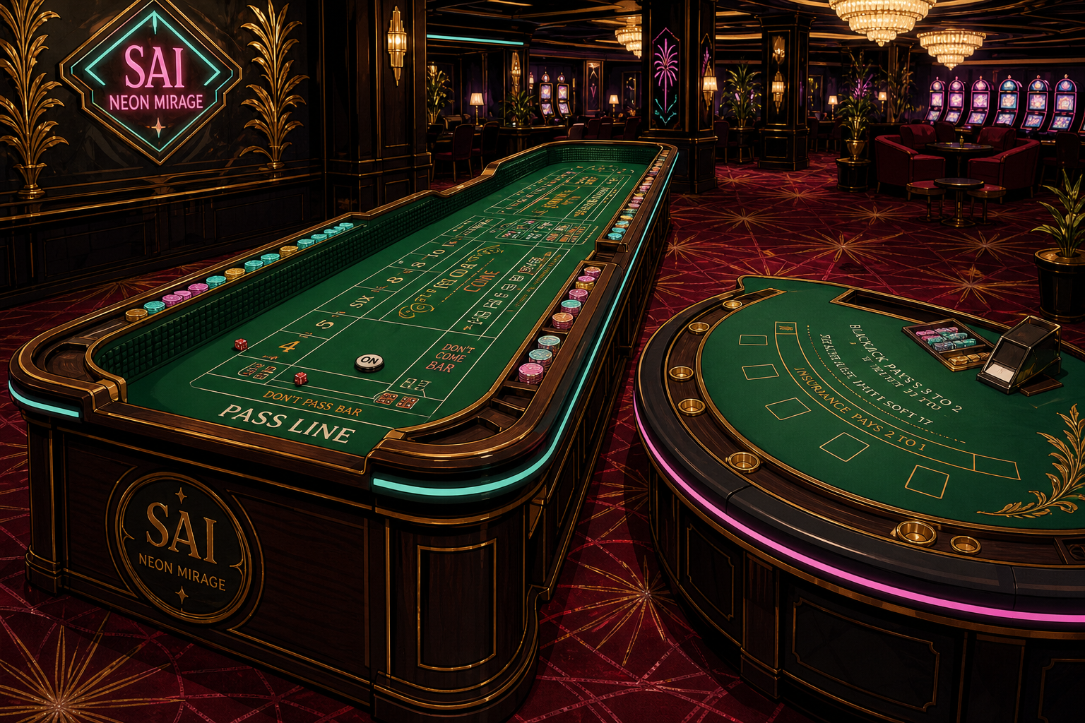 SAI Neon Mirage craps and blackjack table reference