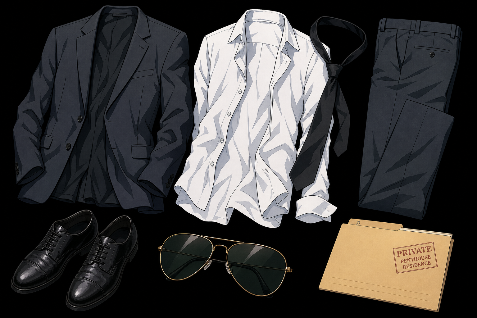 Hugh penthouse suit wardrobe reference — reclusive owner aviators