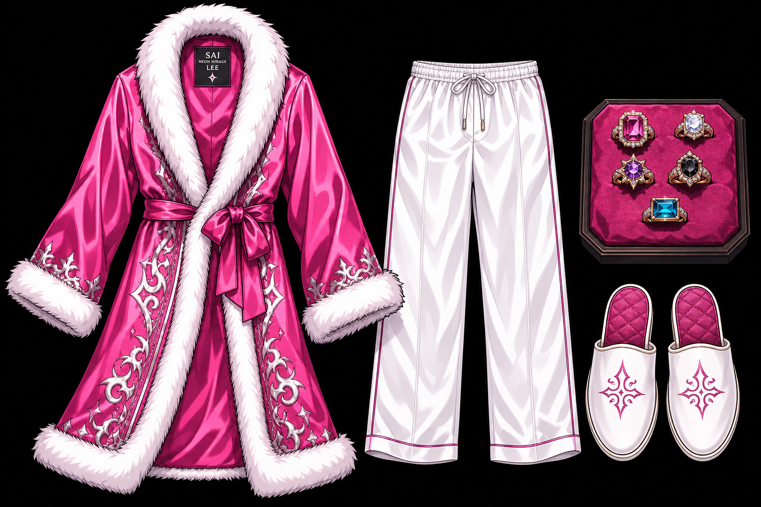 Lee silk robe wardrobe reference — pink off-stage relaxation