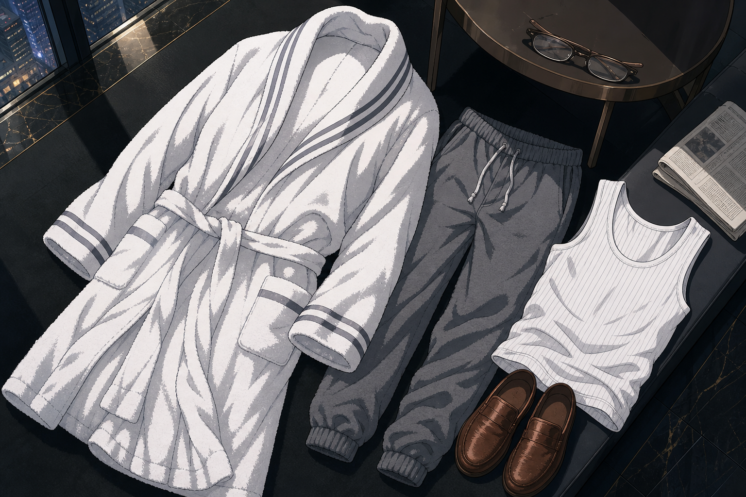 Tony bathrobe wardrobe alternate — penthouse off-hours