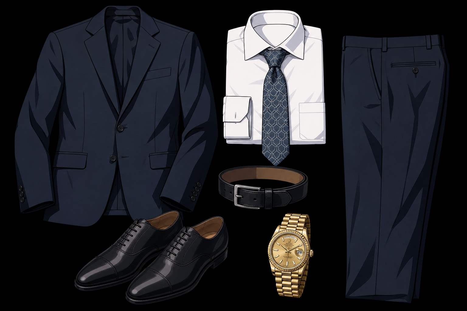 Tony suit wardrobe reference — charcoal boss authority