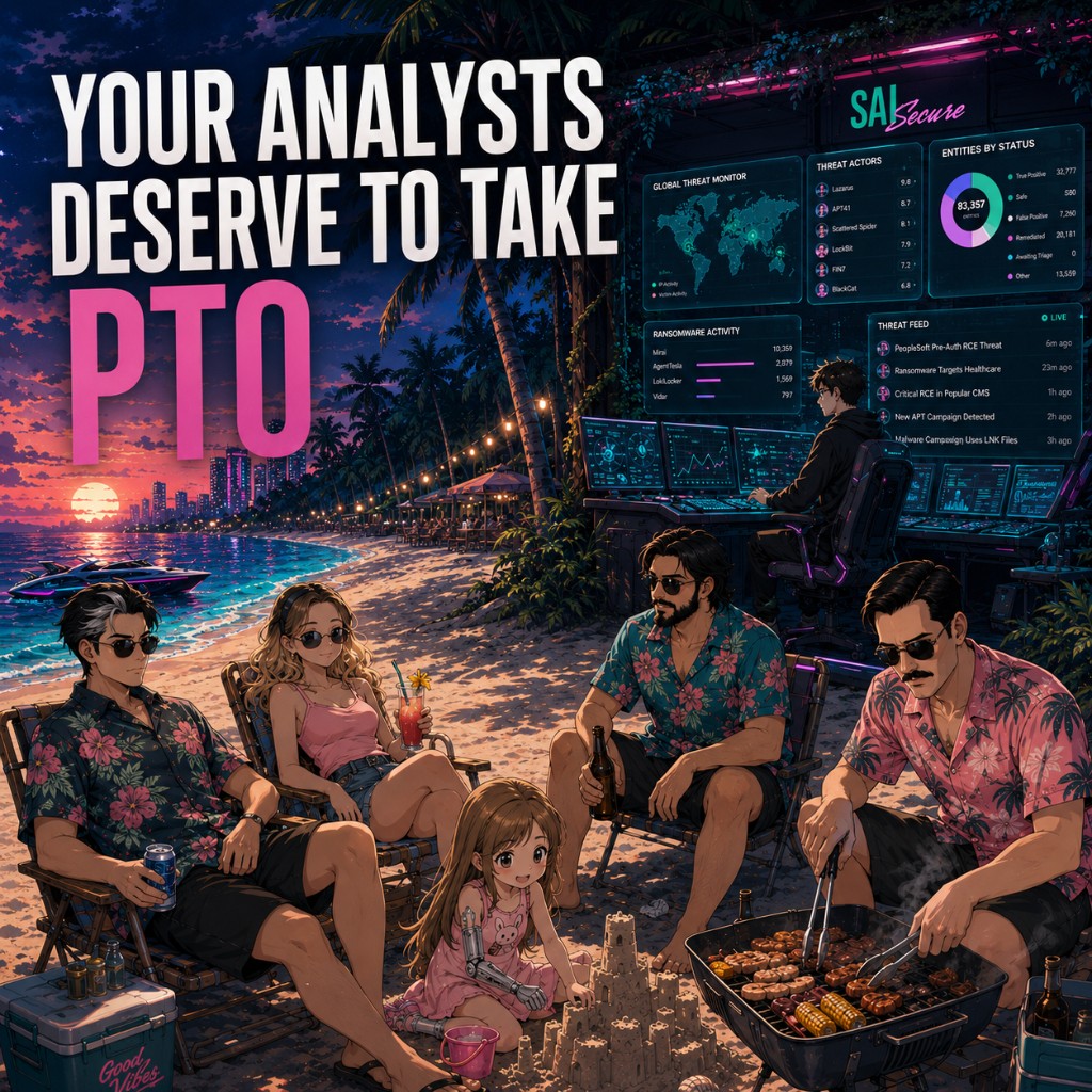 SAI Summer SOC Beach Vacation - LinkedIn ad creative with analysts on the beach and SOC workstation