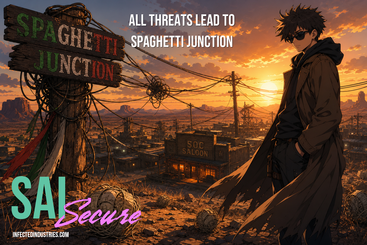 Spaghetti Junction - Cowboy Bebop style frontier crossroads at sunset
