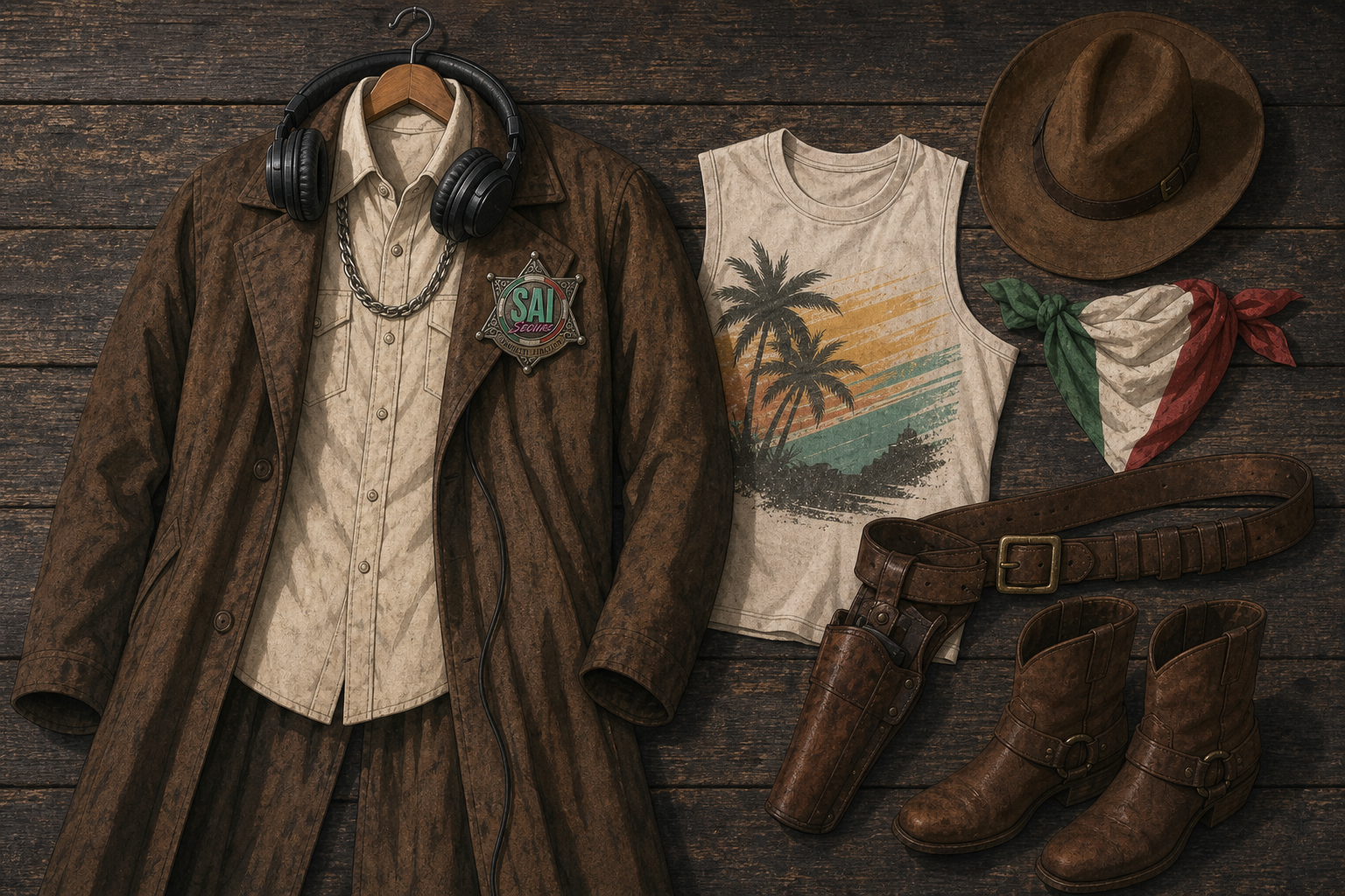 Spaghetti Junction Pauly wardrobe reference - western bounty hunter with DJ guest touches