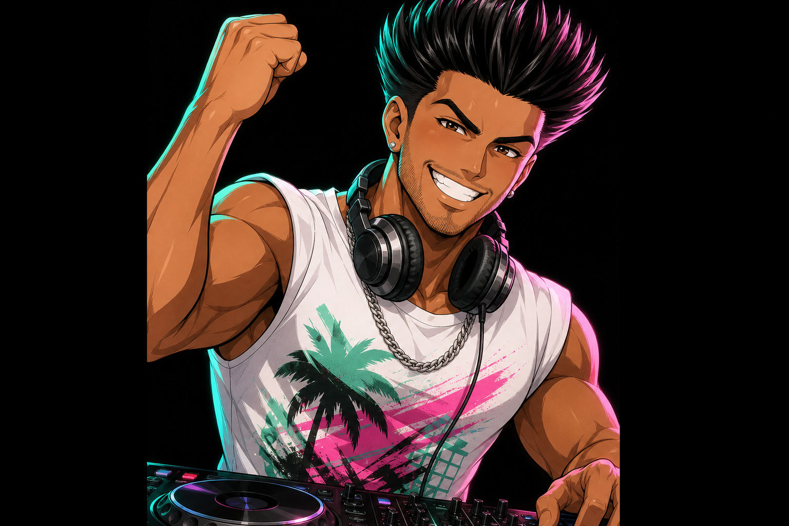 Pauly - DJ fist pump at the booth with blowout hair and headphones