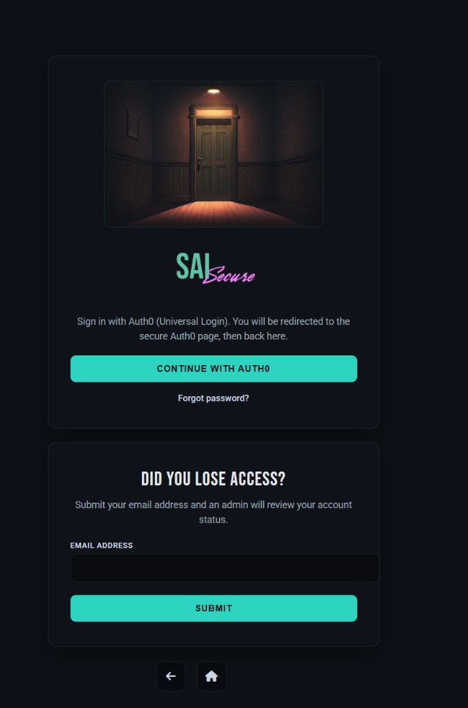 SAI Secure login — Auth0 sign-in and access request screens