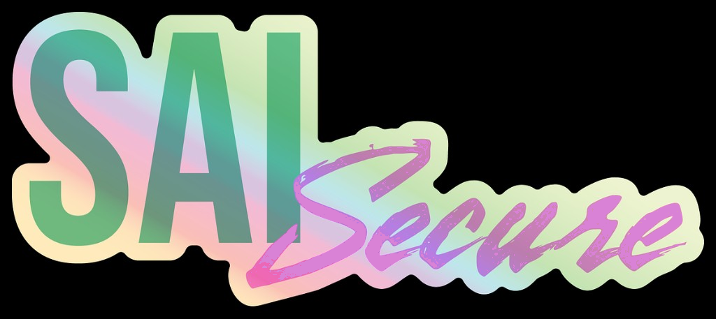 SAI Secure die-cut sticker — mint SAI with pink Secure script on holographic fill