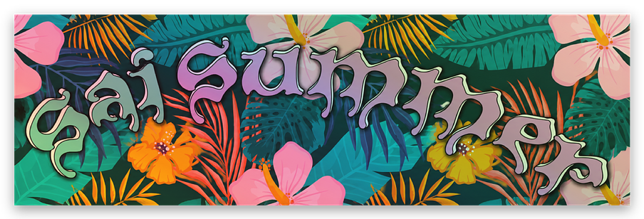 SAI Summer die-cut sticker — wavy mint and pink type on tropical floral background