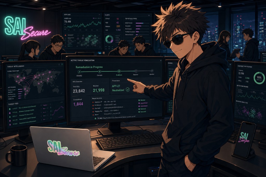 SAI Secure team at a SOC command center with active threat remediation dashboards